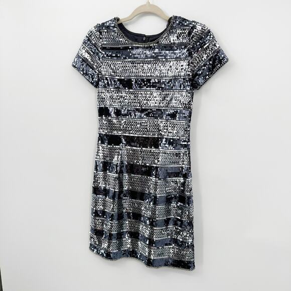 Aidan Mattox Striped Sequin Glitter Mini Cocktail Dress Blue Silver 2 - Picture 8 of 11